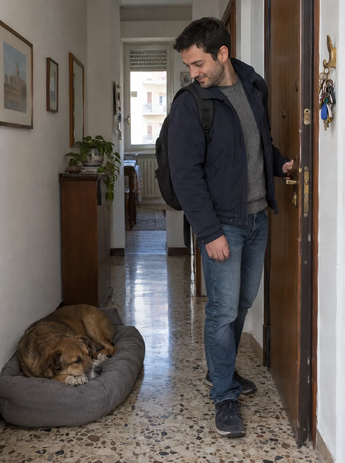 Esce per andare al lavoro e il suo cane dorme sulla cuccia