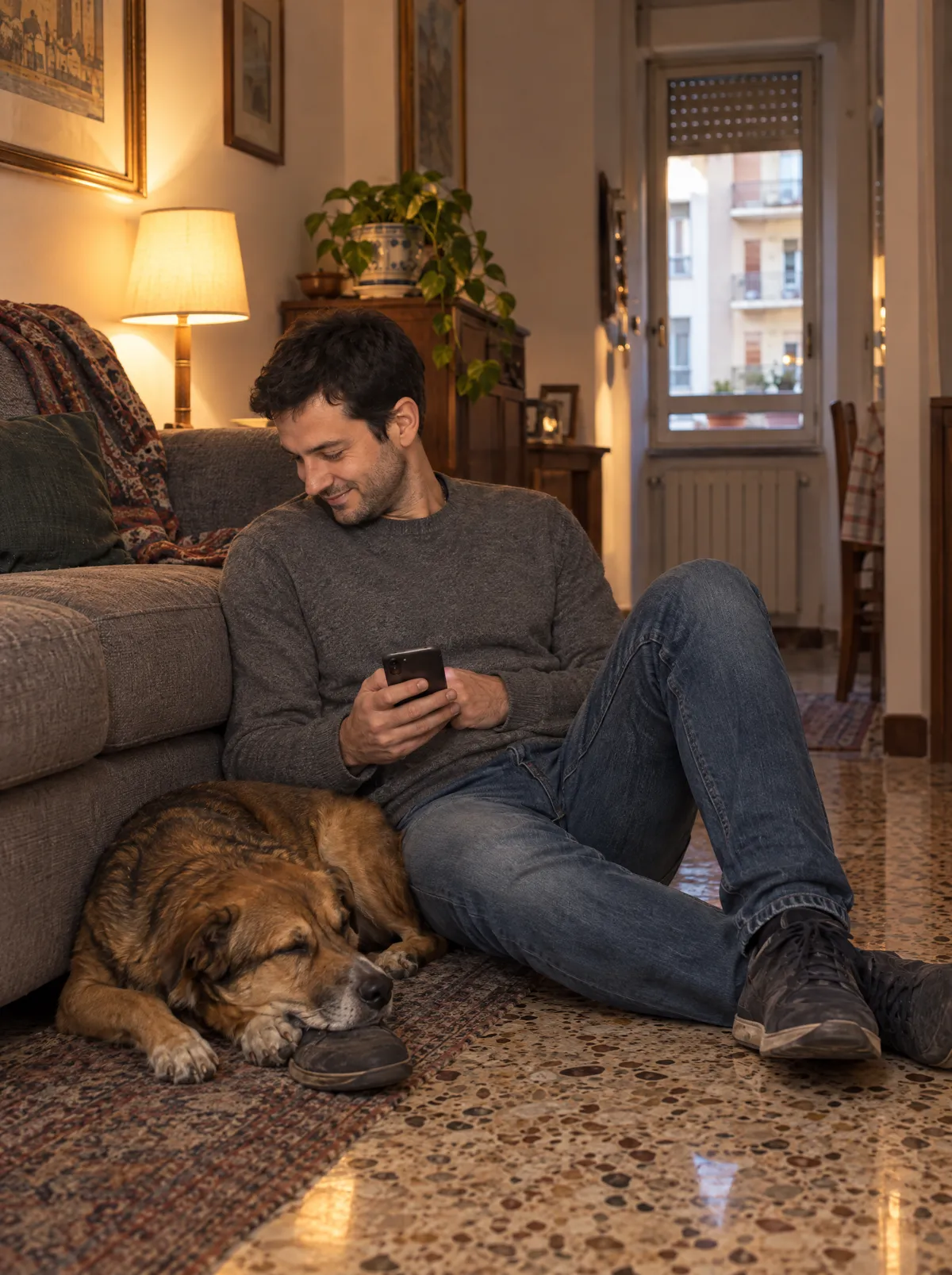 Il cane adottato sdraiato accanto a lui