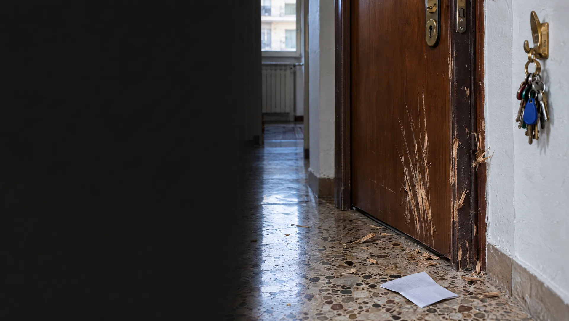 La porta di casa graffiata dal cane rimasto solo