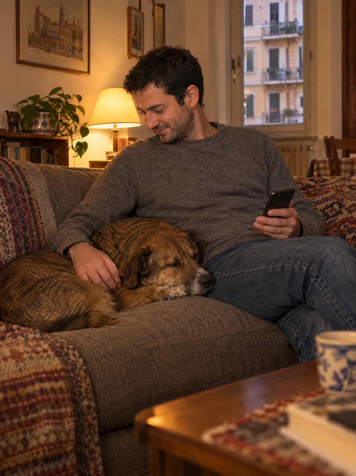 Sul divano la sera, il cane addormentato sulle sue gambe