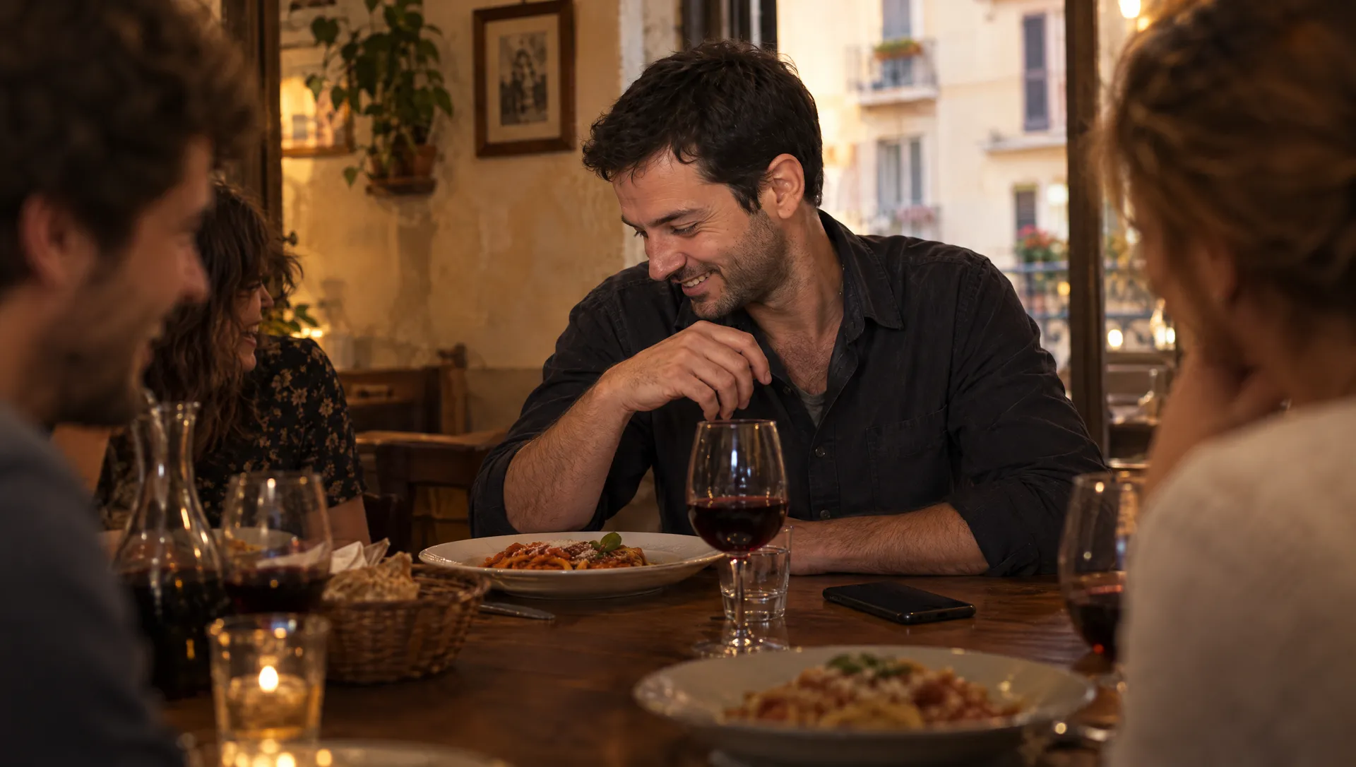 A cena fuori con gli amici, senza guardare l'orologio